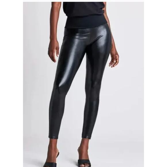 Assets by Spanx Leggings Women Large Black All Over Faux Leather Pants High Rise - Picture 1 of 9